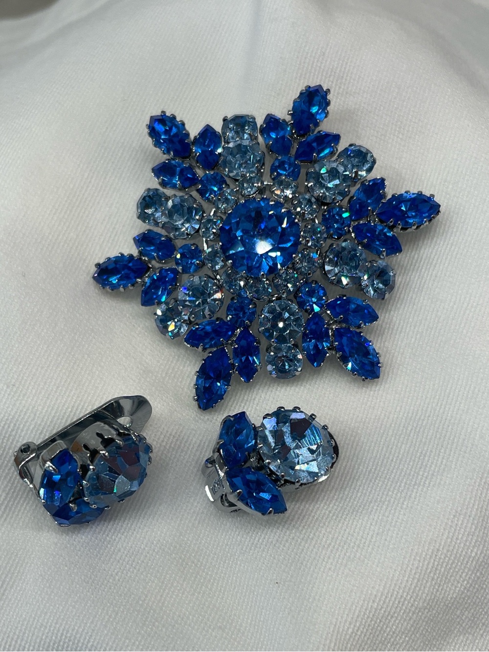 Elegant Blue Austrian Crystal Floral Brooch with Matching Clip-On Earrings